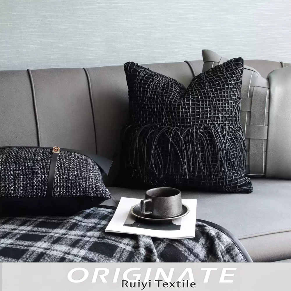 RUIYI Modern Black Gray Mixed Texture Throw Pillow Cover Pack Leather Tweed Tassel Faux Fur Cushions Cases Luxury Home Decor