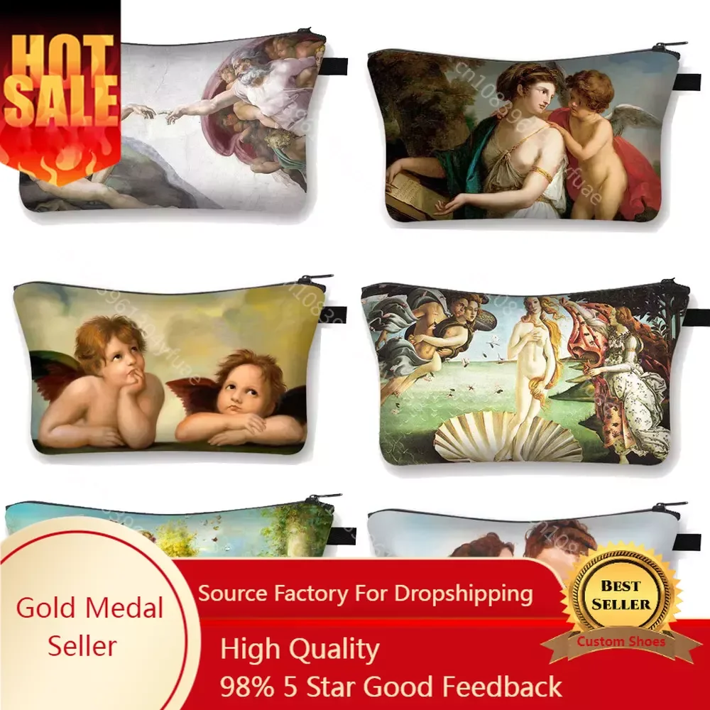 Vintage Oil Painting Religion Cosmetic Bag Women Canvas Portable Makeup Bag for Travel Cosmetic Ladies Makeup Organizer Bags