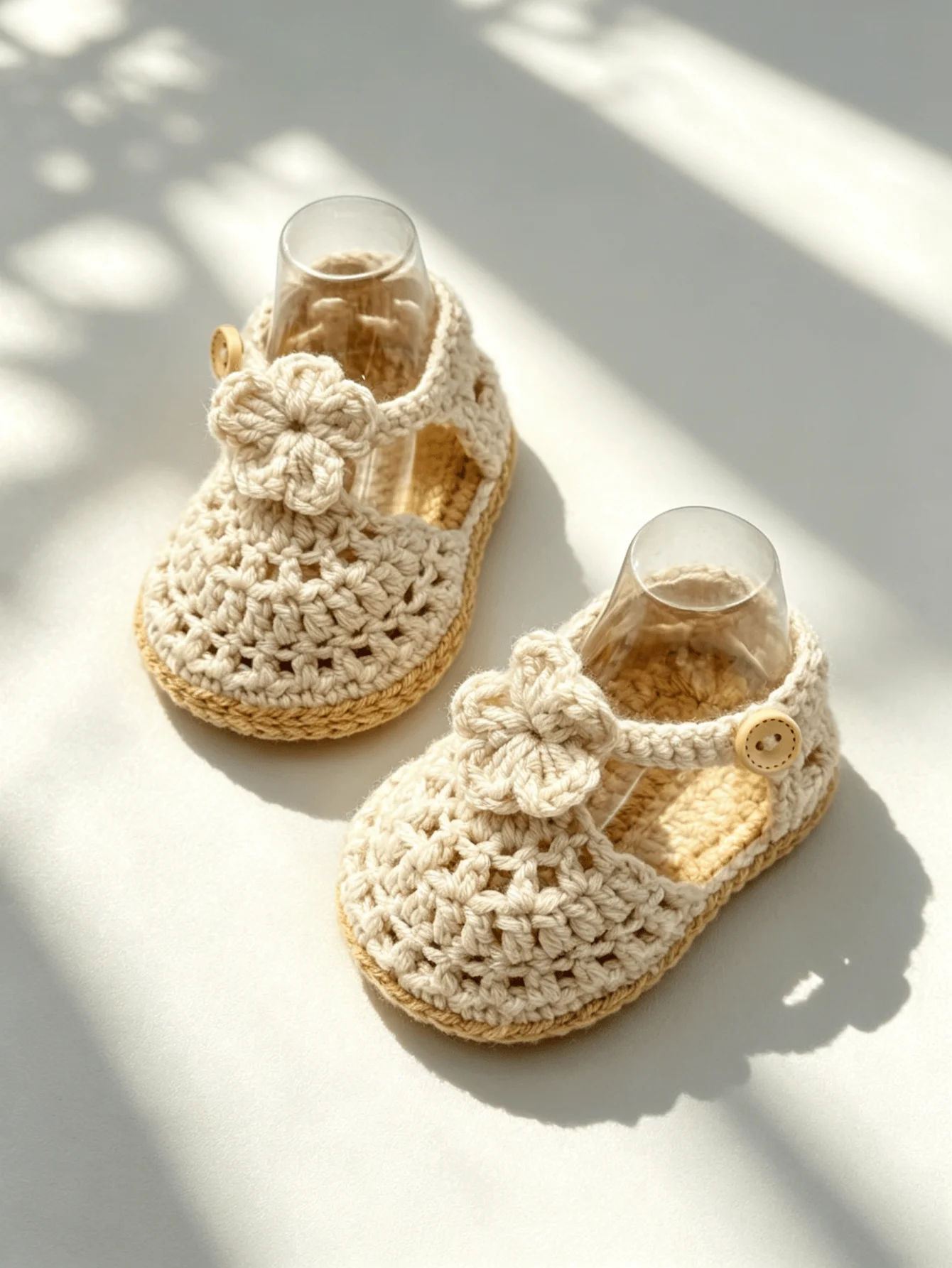 1 Pair Handmade Crochet Baby Girl Sandals, Beige, Flower Detail with Button Strap, Infant Booties