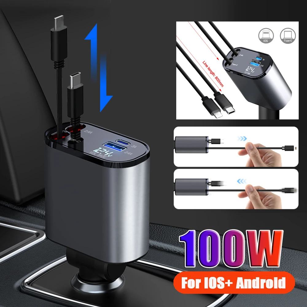 100W PD+USB Quick Charger With 2 Retractable Cables Type C Fast Car Phone Charger Voltmeter 4 in 1 Power Adapter For IPhone IPad