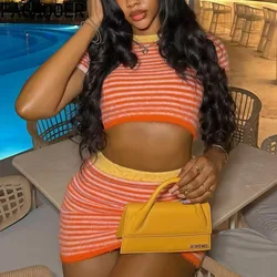 FAGADOER Fashion Colorful Striped Knit Woman 2 Piece Set Outfit Short Sleeve Stretchy Crop Tops + Mini Skirts Suits Streetwear