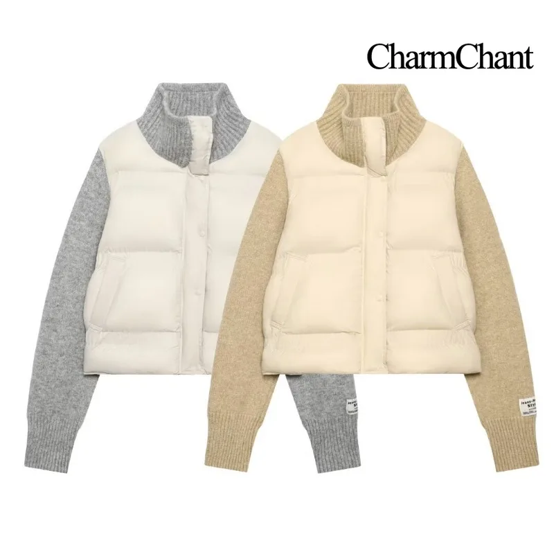 CHARMCHANT Womens Puffer Jacket Hybrid Knit Sleeves Ribbed High Collar Down Coat Winter Warm Padded Snap Button Casual Top 2026