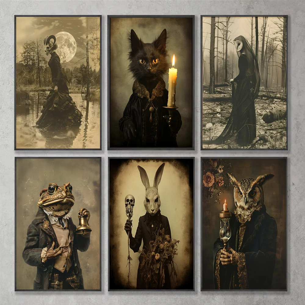 Dark Academia Art Grove's Eternal Harbinger Poster Prints For Home Decor Gothic Witch's Black Cat Canvas Painting Wall Art