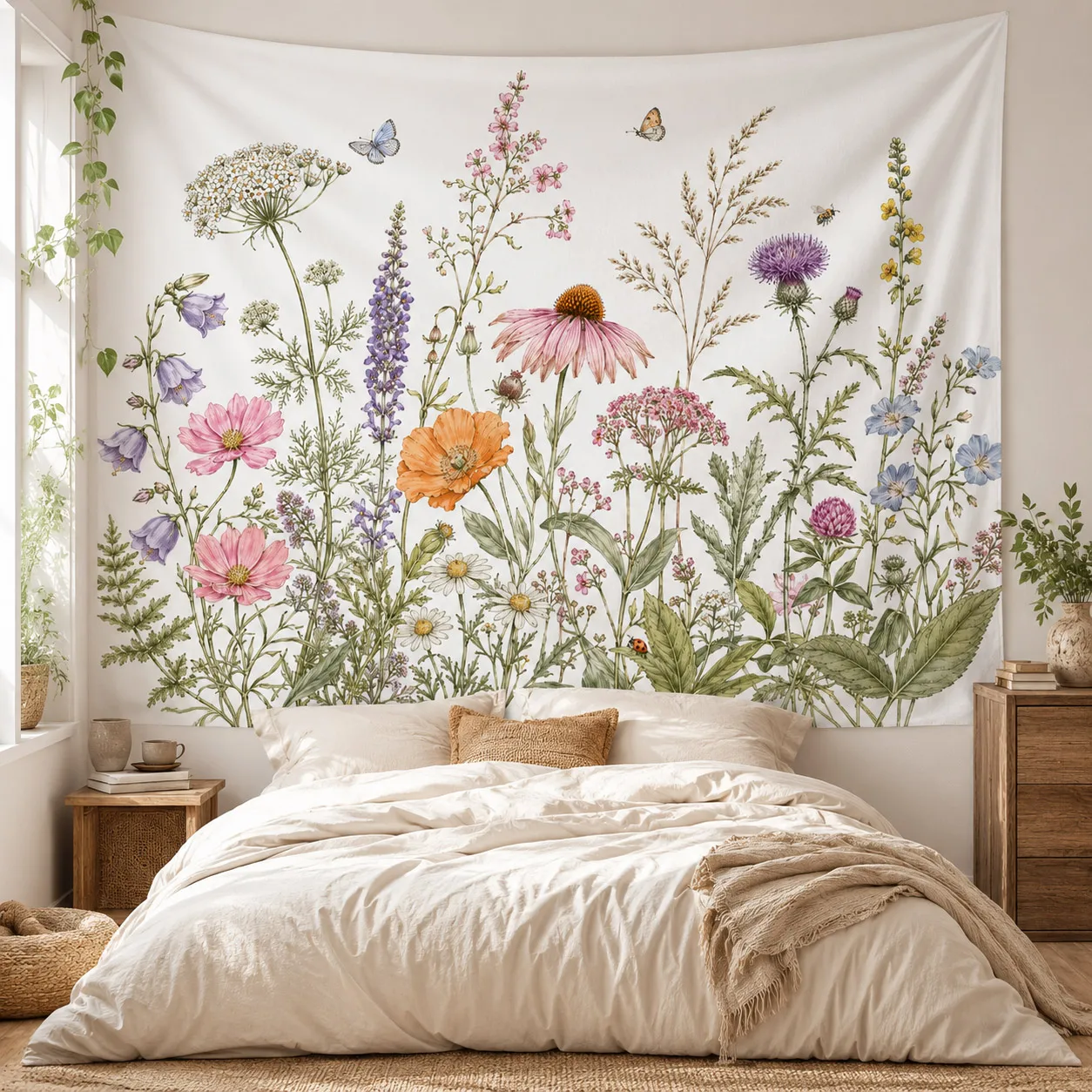 Botanical Wildflower Tapestry Vintage Floral Wall Hanging, Butterfly Meadow Decor for Bedroom Dorm Living Room, Large Fabric Art
