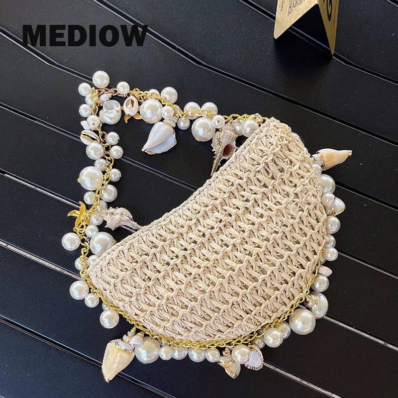 

MEDIOW Lady Evening Bags For Women Luxury Designer Handbags And Purses 2023 New In Papyrus To Weave Beaded Trim Shoulder Bag