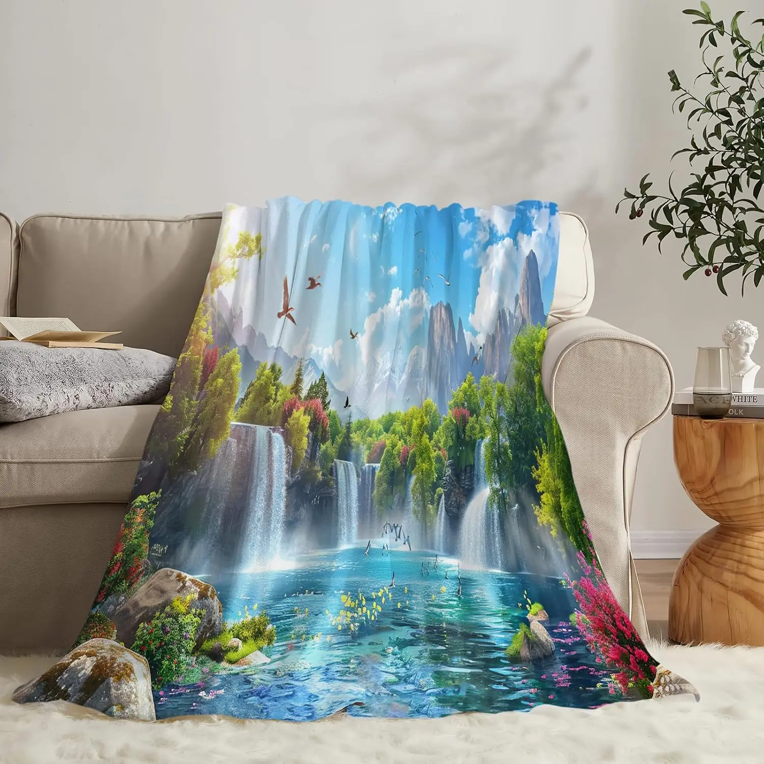 Vivid Green Forest Waterfall Mountain Clear Lake Sky Bird Flannel Throw Blanket,Warm Cozy Blanket, Scenic Decor Gift For Bedroom