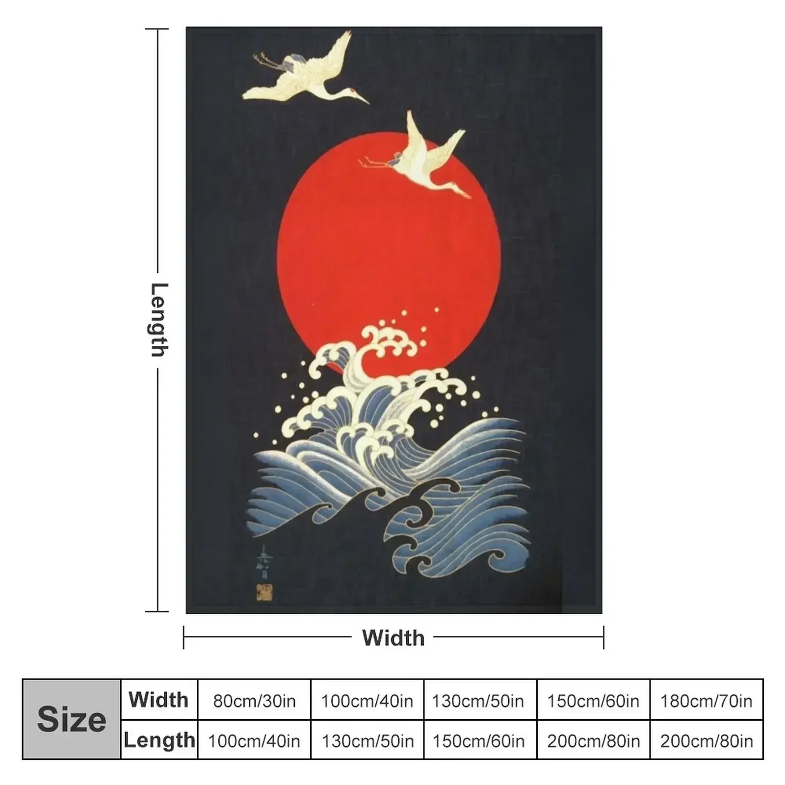 RED SUN ,FLYING CRANES AND SEA WAVES IN BLACK Throw Blanket Luxury Designer blankets ands Nap Luxury Brand Blankets