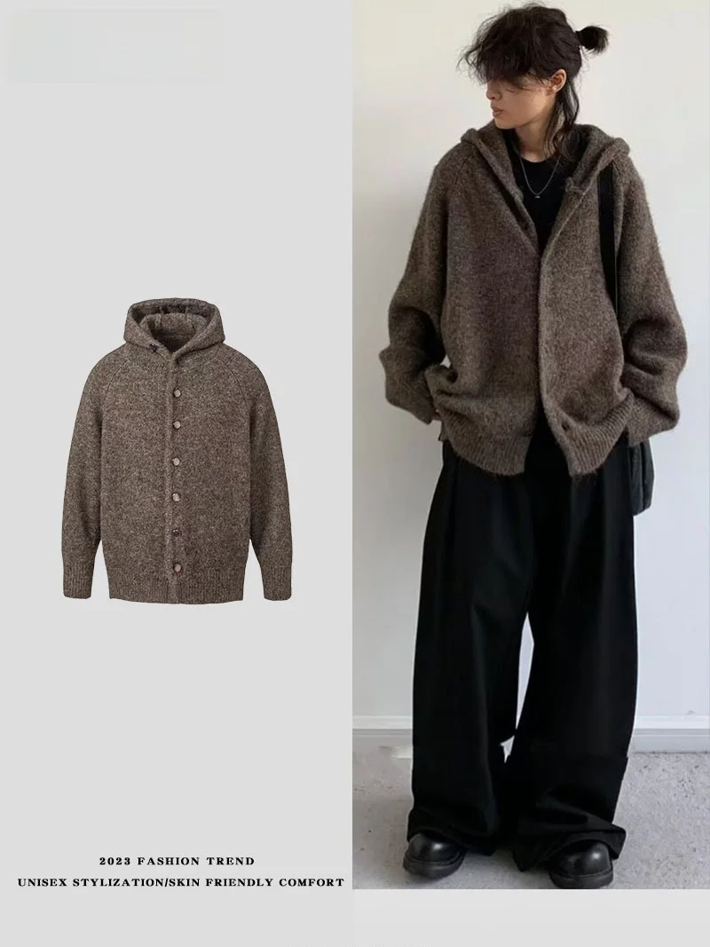 

Loose Fit Knitted Hoodie Cardigan ex Autumn Winter Casual Sle Polyester Fiber Long Sve Button up Coat for Youth