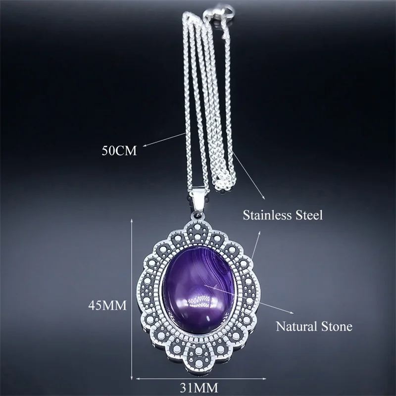 Vintage Stainless Steel Pendant Necklace for Women Purple Natural Stone Flower Antique Bohemia Necklaces Boho Party Jewelry Gift