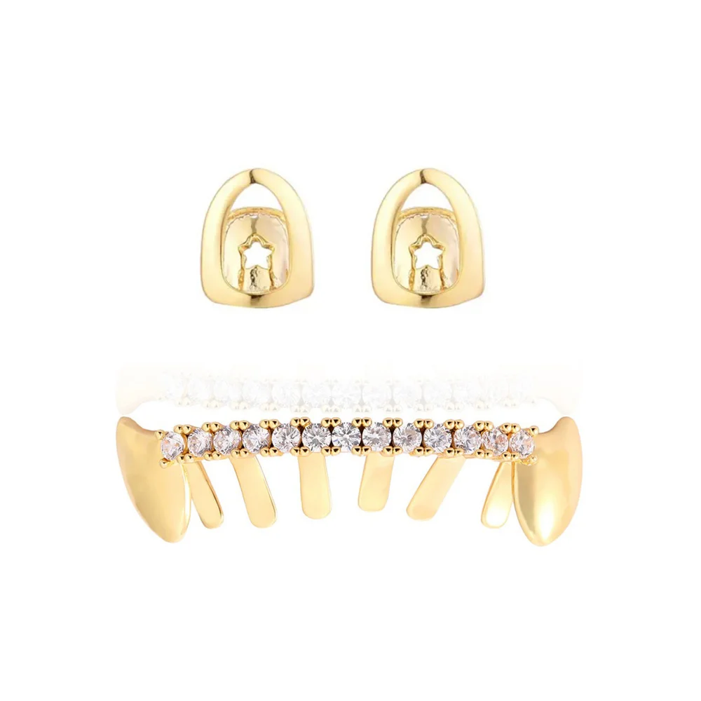 Anztilam 4 Teeth Set Iced Out Grillz Full Zircon Tooth Shine Grills Men Women Hip Hop Tooth Grills Caps Brass Fashion Jewelry
