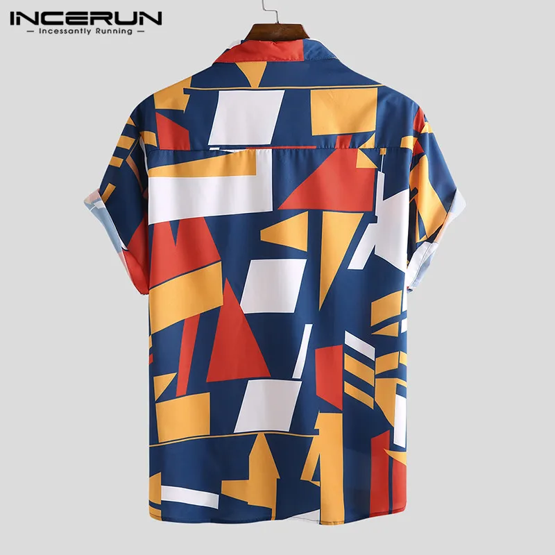 Men Hawaiian Shirt Geometric Printed Lapel Short Sleeve Streetwear Summer Casual Shirts 2024 Vacation Men Clothing S-5XL INCERUN