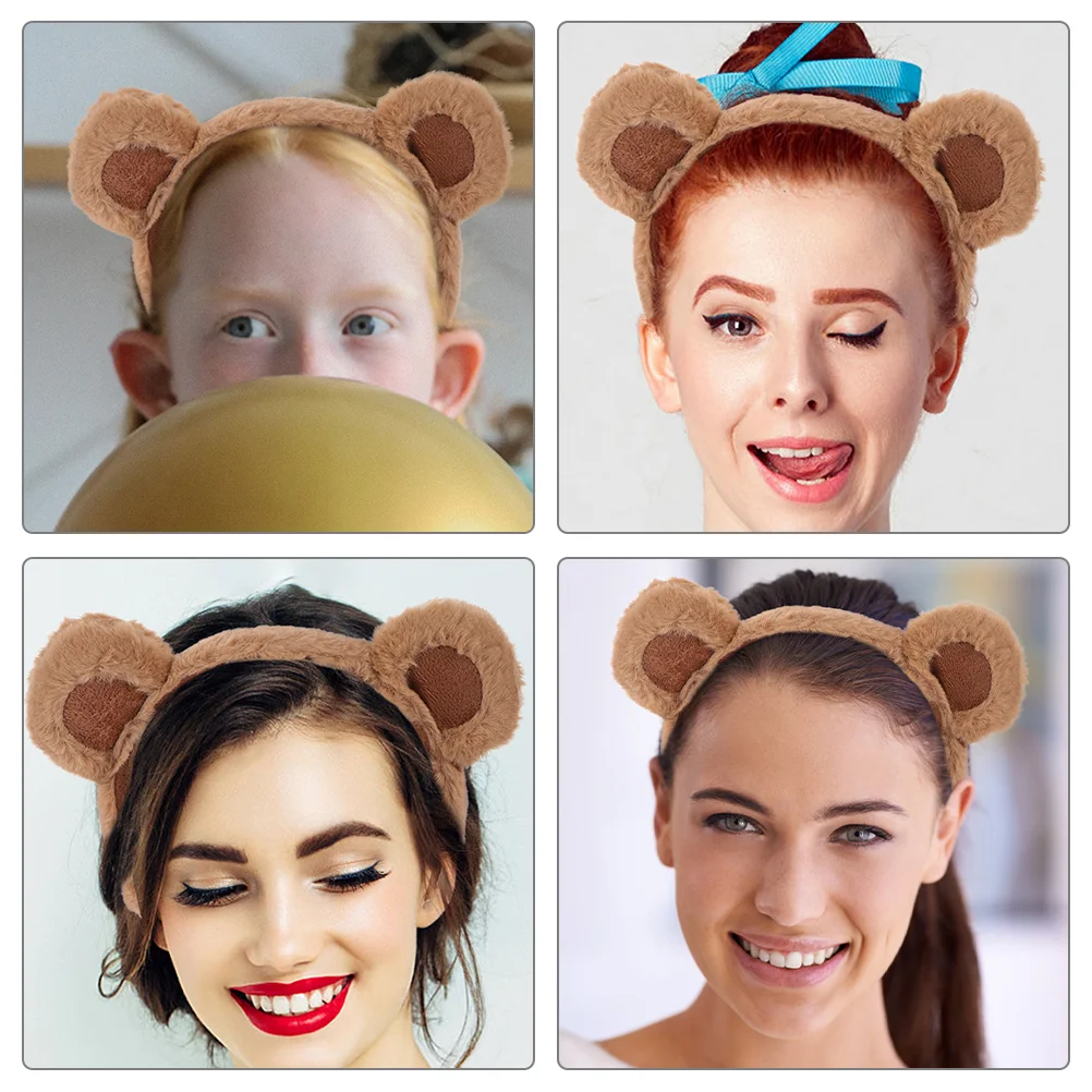 3 Pcs Cartoon Bear Headband Cute Plush Hair Accessories 3pcs (a Style Headband-brown) Headbands Animal Skin