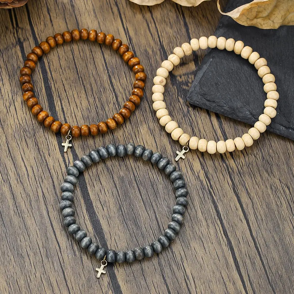 New In Vintage Bohemia Style Wood Bead Stack Bracelet for Men Beaded Cross Pendant Bracelet 3-Piece Set Jewelry Gift