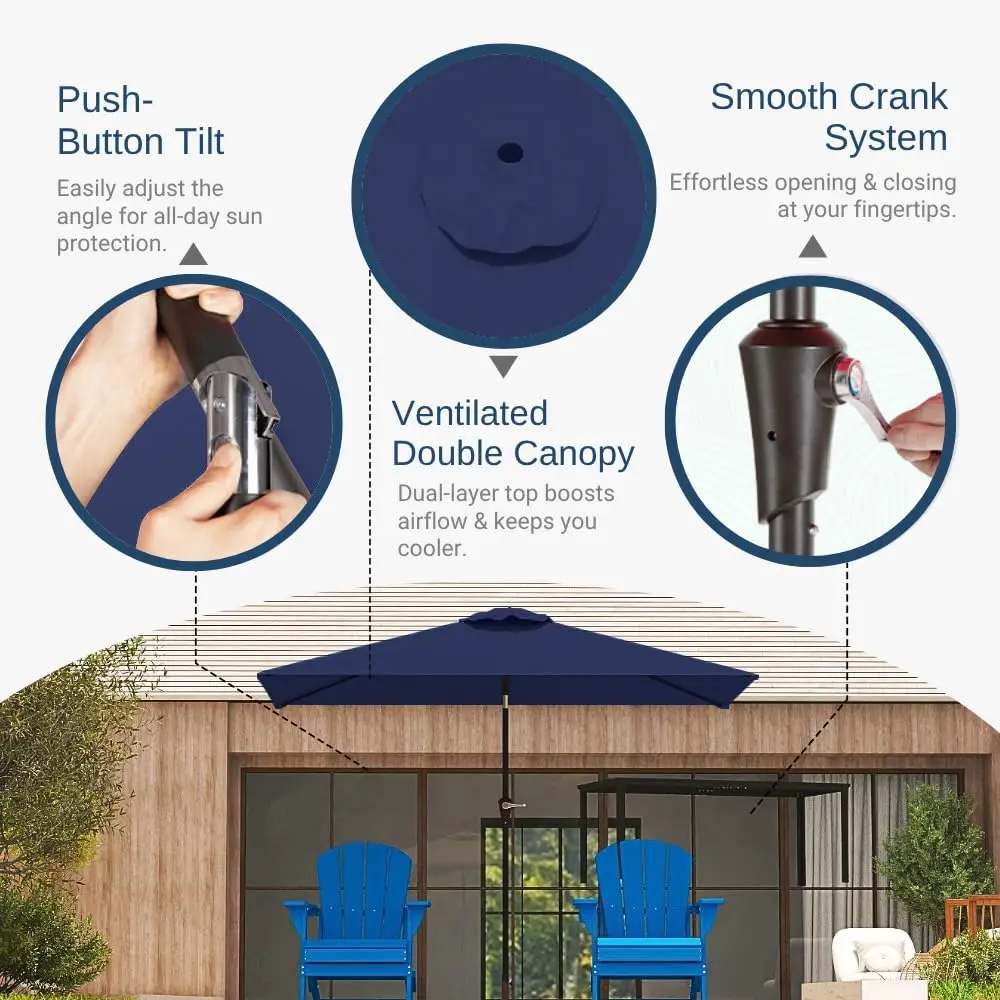 مظلة فناء مستطيلة مقاس 6.5 × 10 بوصة، مظلة كبيرة للسوق الخارجية مع حماية من الأشعة فوق البنفسجية، زر ضغط وإمالة ورفع كرنك، طاولة Rec