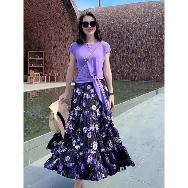 Women Purple Twist Front T Shirt Floral Print A Line Maxi Skirt Two Piece Summer Matching Outfit Plus Size