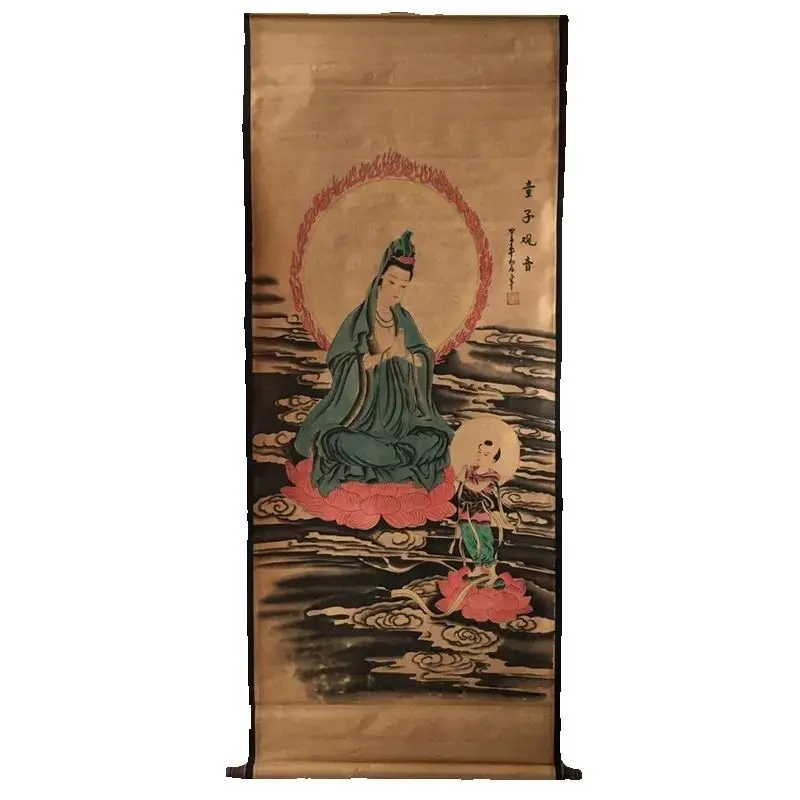 

China old Celebrity paintings- Character Painting watercolor painting of Boy worships Guanyin Scroll Hanging paintings