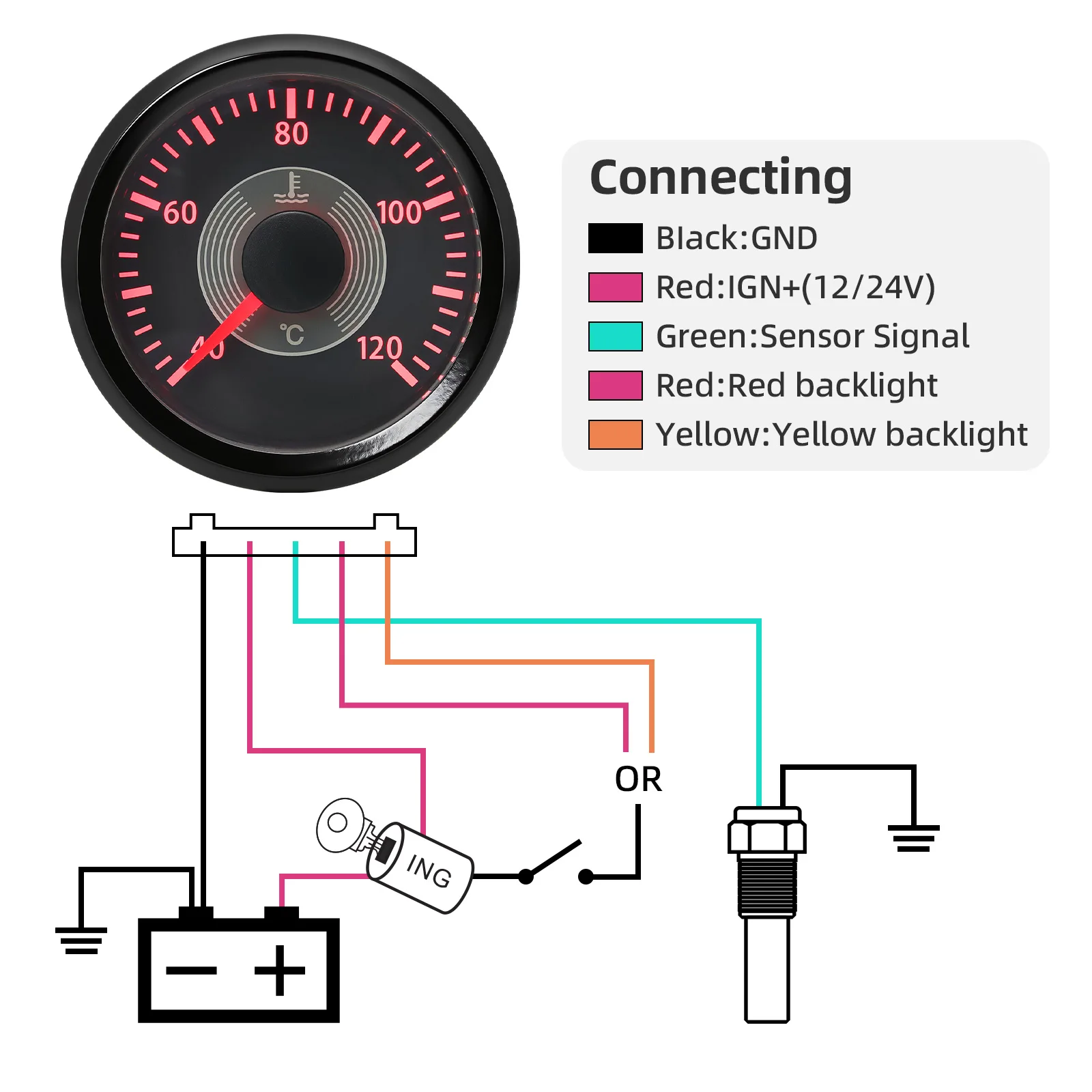 ZMFJH Retro Vintage Classical 52MM Water Temperature Gauge with Sensor 10mm RED Yellow LED Water Temp Meter for Boat Car Auto