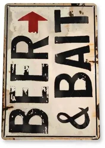 BEER BAIT TIN SIGN FISHING ROD REEL BEER BAIT NET MINNOW BUCKET WORMS 11 x 8 in-Aluminum