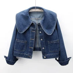 2023 New Women Denim Jackets Korean Sailor Collar Fashion Long Sleeves Button Jean Coat Vintage Crop Female Casual Loose Outwear