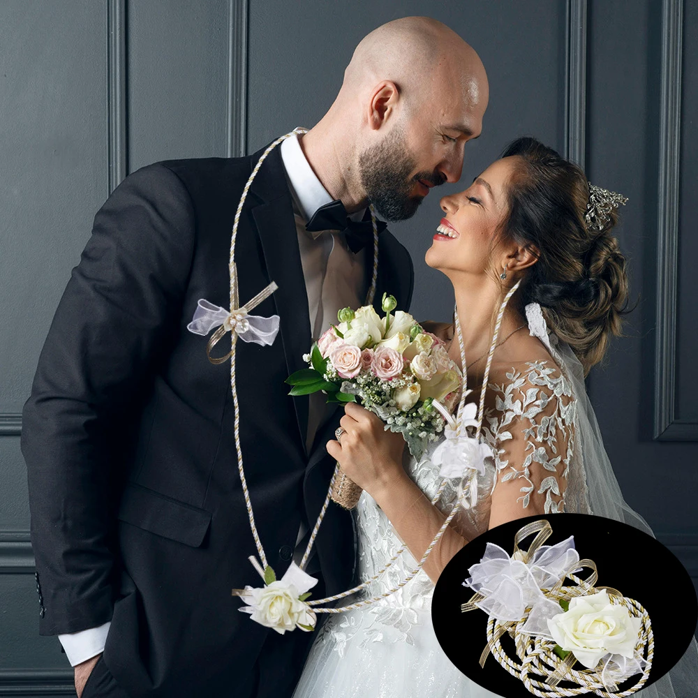 Yannew biały sznurek ślubny Lasso liny na ceremonię sztuczne kwiaty róży Lazo Para Boda prezent dla nowożeńców katolicka dekoracja ślubna