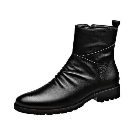 New Men Black Genuine Leather Round Toe Zipper Side Classic High Top Ankle Boots Male Business Warming Fur Short Boots Shoes