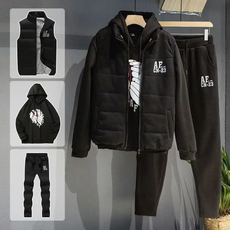 

Комплект из 3 предметов: толстовки + жилет + брюки, повседневный мужской спортивный костюм, одежда, пальто, зимний толстый теплый спортивный костюм для пары, комплект с принтом, жилет