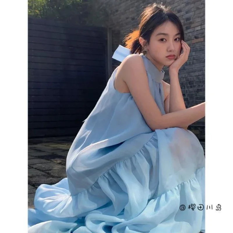 

French Elegant Women's Summer Fashion 2025 New Sleeveless Strapless Bowknot Blue Long Skirt Kawaii Vest Prom Dress