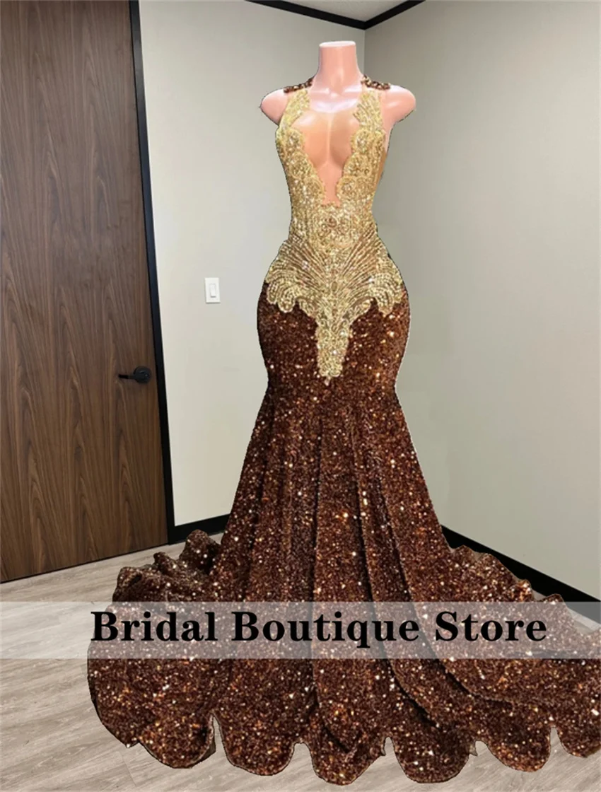 Sexy Brown Sequins Gold Diamonds Mermaid Prom Dress Glitter Rhinestones Beads Crystals Birthday Dress Wedding Robe Customized  image 2