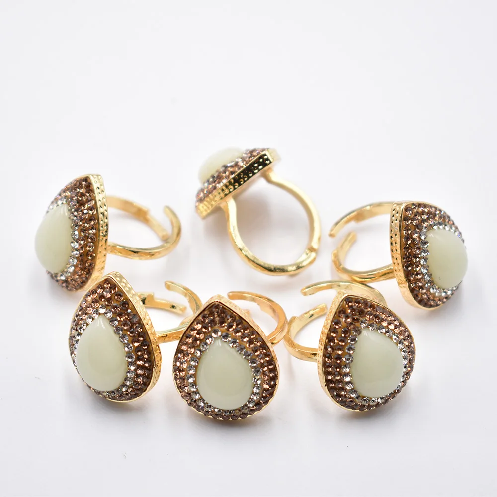 Wholesale 6pcs/lot Fashion Luminous Stone plated Color Edged Slice Open Rings Women Wedding Engagement Ring Set Free Shipping