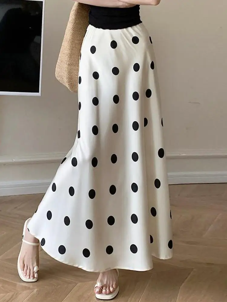 

Spring Summer Women Black Beige Polka Dot Elegant Fishtail Long Skirt Korean Fashion High Waist Vacation Wrapped Hip Skirt Trend