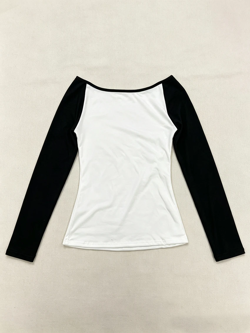 Herbst Damen Schwarz-Weiß Kontrast Off-Shoulder Tops Lange Raglanärmel Schlanke T-Shirts Y2K Ästhetik Lässige Streetwear Basic Bluse – Detail 4