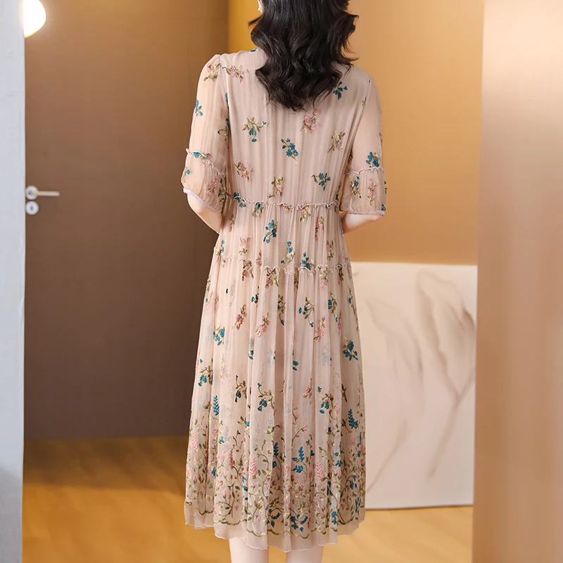 Women Floral Natural Silk Embroidery Midi Dress Spring Summer Fahsion Casual Beach Maxi Sundress Elegnat Loose Dress