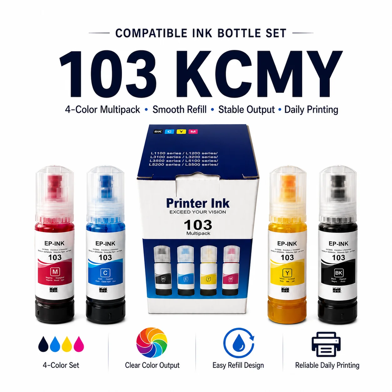 Conjunto de Garrafas de Tinta EP-INK 103 KCYM 4 Cores Compatível com Impressora Epson, Tinta de Refil BK C M Y de Alta Capacidade