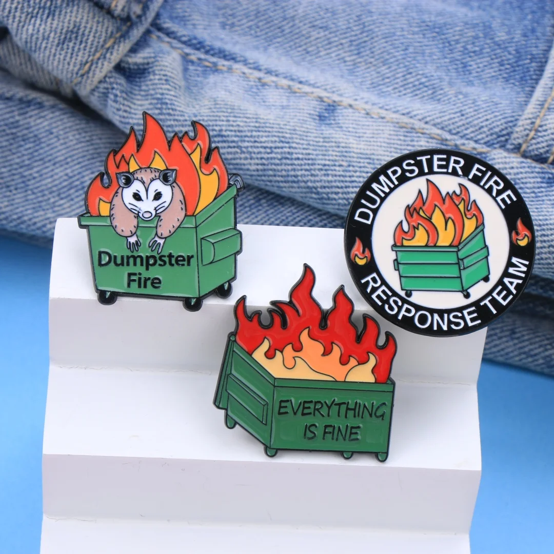 Funny Dumpster Fire Slogan Enamel Pin Set, Meme Opossum Cartoon Brooches, Sarcastic Quote Metal Badges, for Jackets