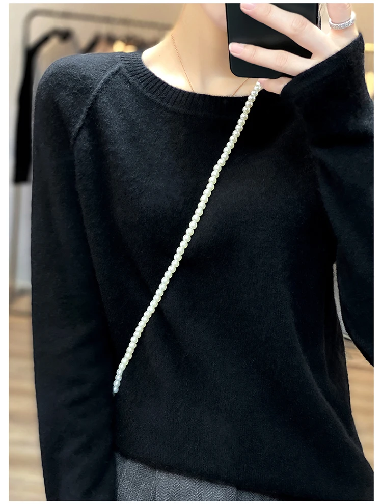 Merino Wool Bottoming Shirt for Women, Round Neck Sweater, Loose Knitted Cashmere Sweater, 100%, New, Winter, 2023