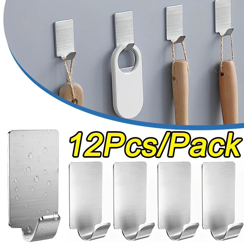 12/3PCS Adhesive Stainless Steel Towel Hooks Family Robe Hanging Hooks Hats Bag Family Robe Hats Bag Key Adhesive Wall Hooks