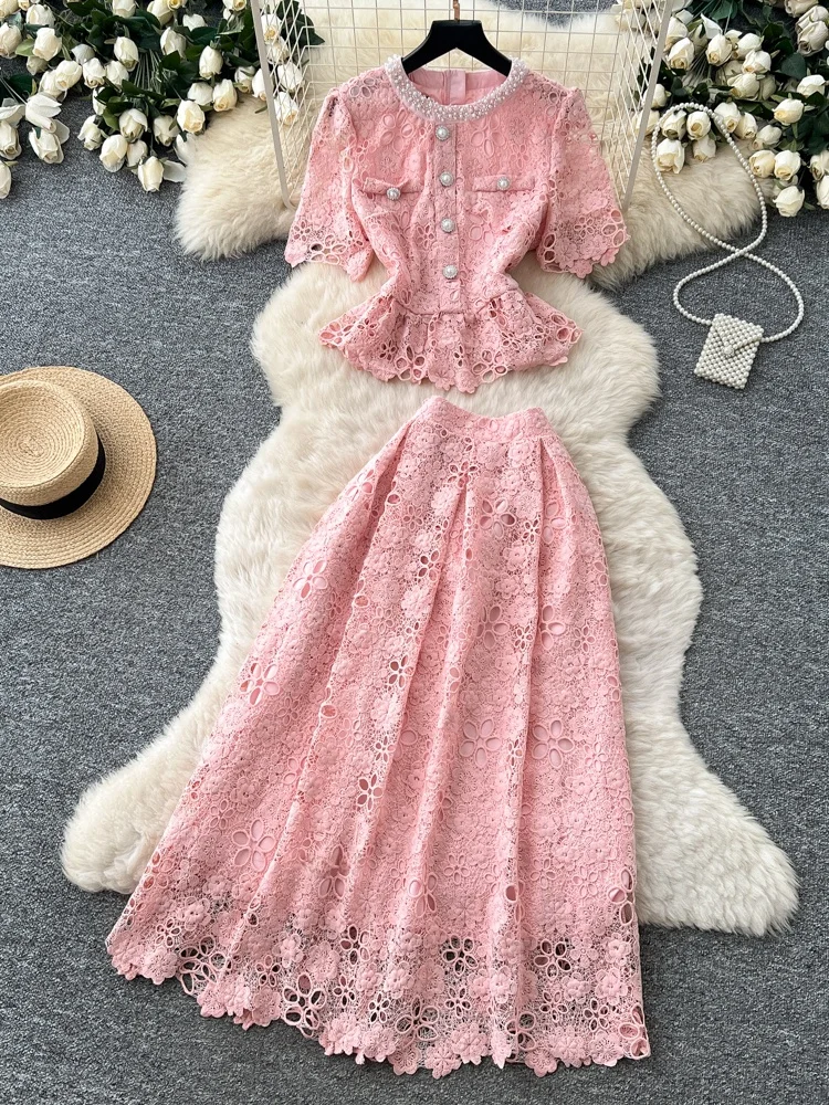 

Elegant Lace Bubble Sleeve Top High Waist Skirt Women's Summer Two-Piece Slimming Set Fashionable Casual Workwear