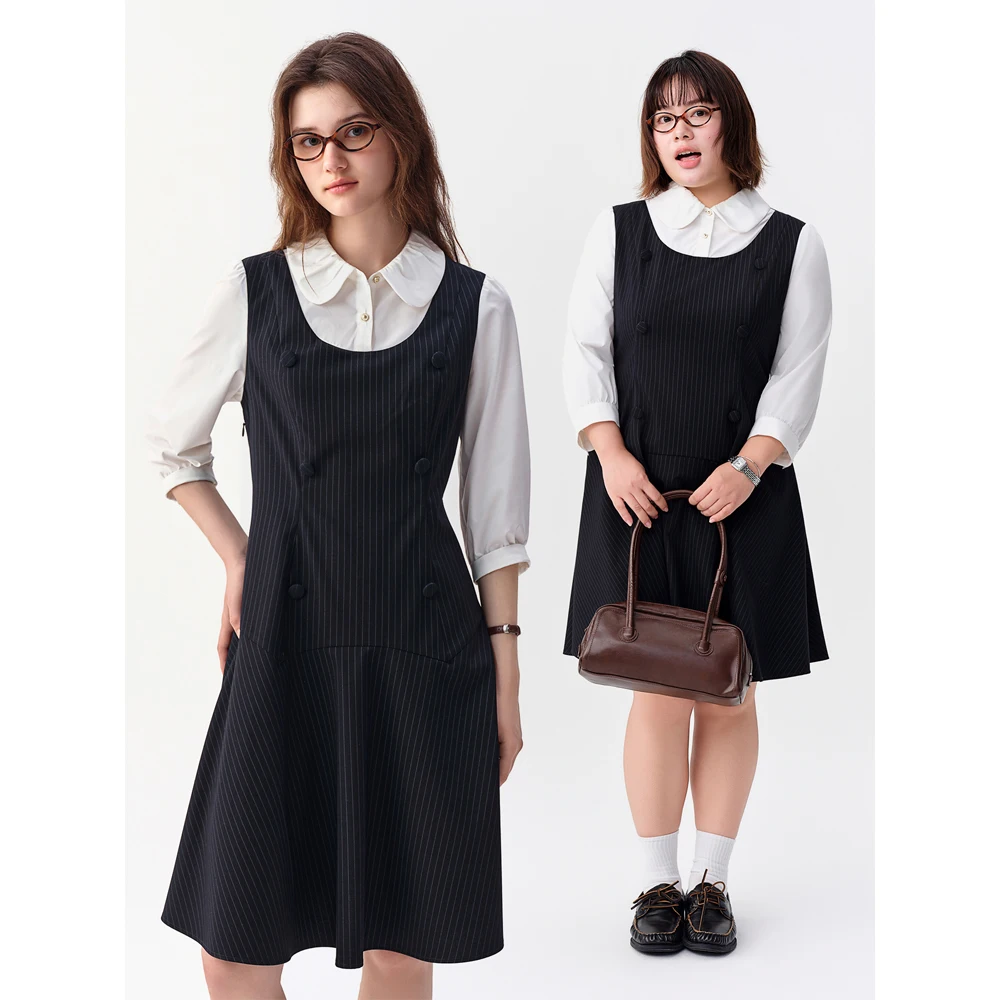 DUSHU 2026 Fall Women's Chic Preppy Faux Two-Piece Long Sleeve A-Line Dress with Waist-Defining Fit for Daily and Office Wear
