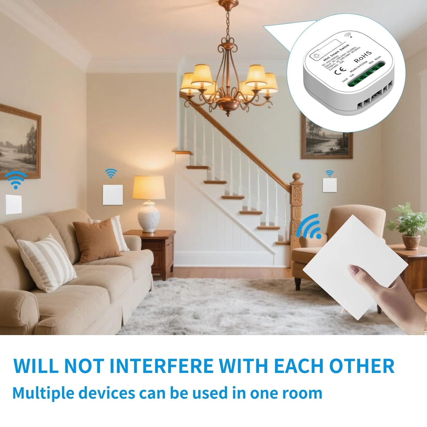 230V Wireless Light Switch Kit, With Receiver, Self-Powered Without Batteries, 10 Amps, RF433 Wireless Switch Function