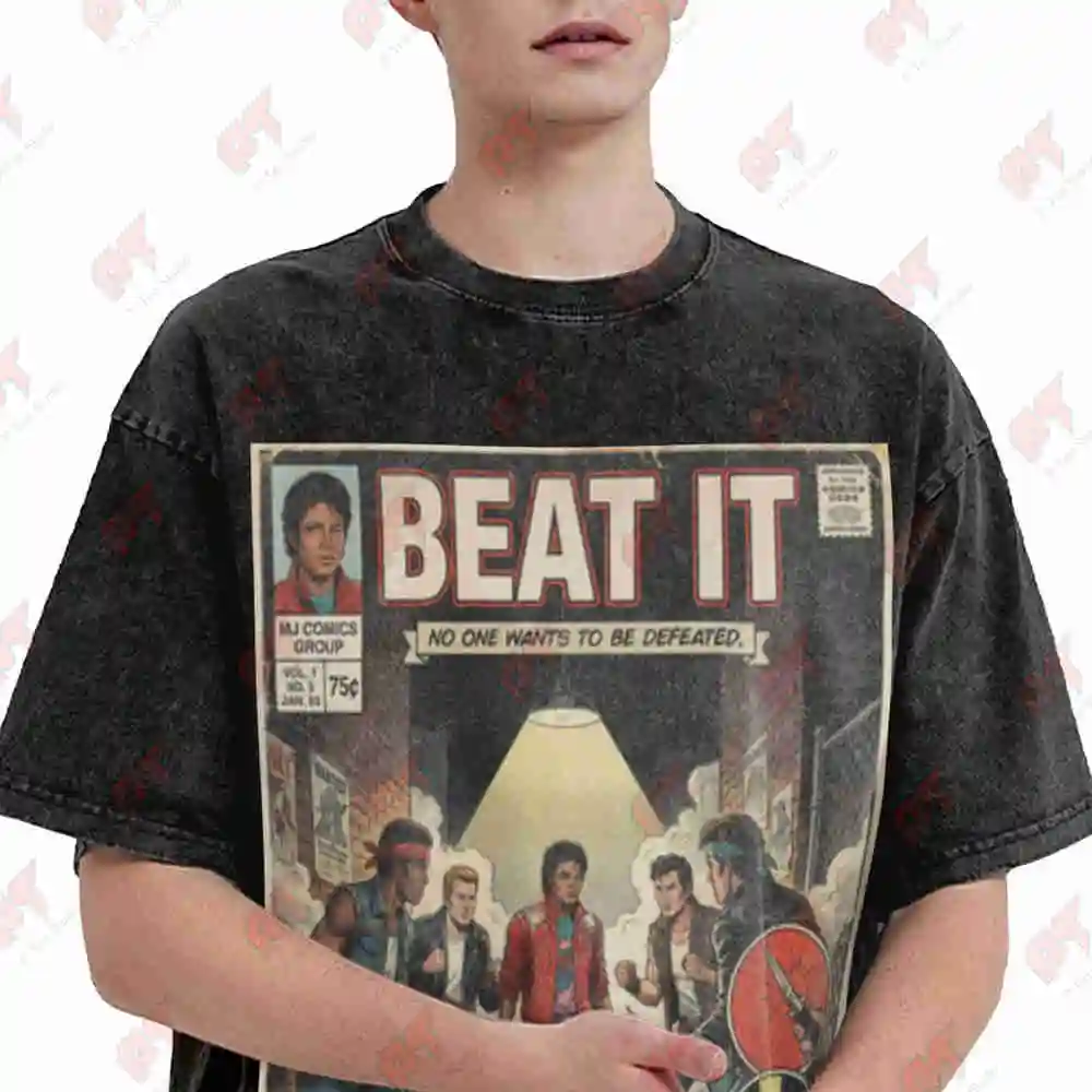 MJ Beat It Comic Thriller Era Gang Alley 80s Vintage Washed Tee Pure Cotton T-Shirt