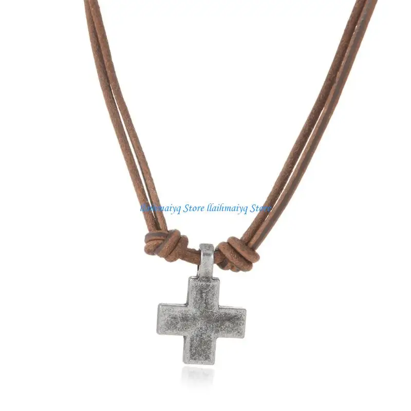 573B Lightweight Adjustable Braided Leather Necklace Crucifix Pendant Vintage Accessory