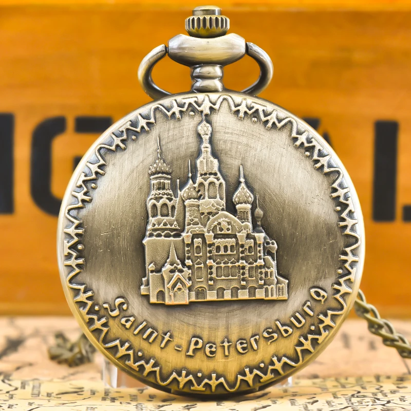 Vintage Bronze Steampunk St. Petersburg Carved Quartz Pocket Watch Necklace Pendant Clock Chain Men Women Chain Gift