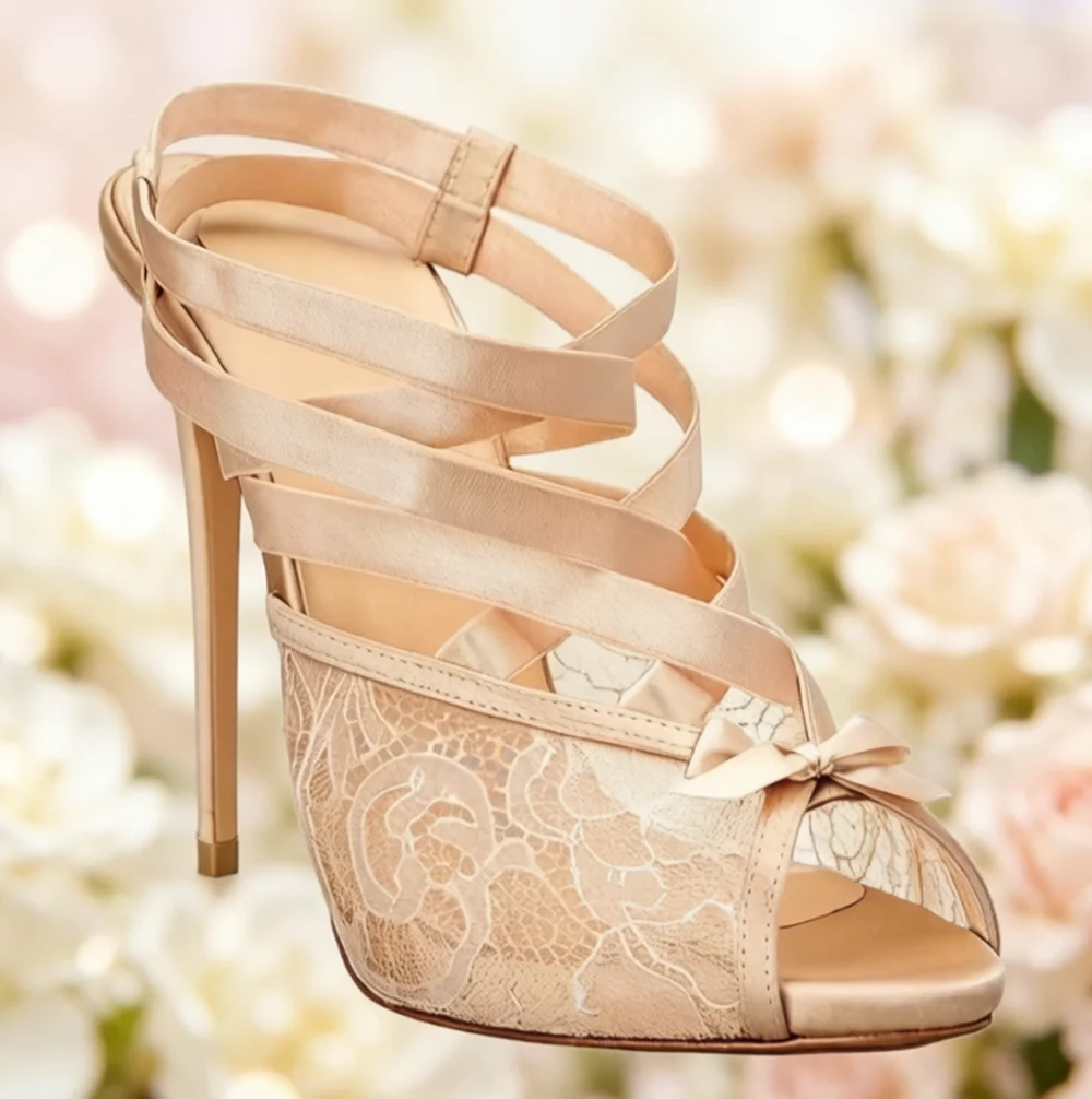 

New Lady Nude Satin Stiletto Heeled Sandals Intricate Floral Lace Detail Wrap Straps Peep-Toe Design Footwear for Weddings Galas
