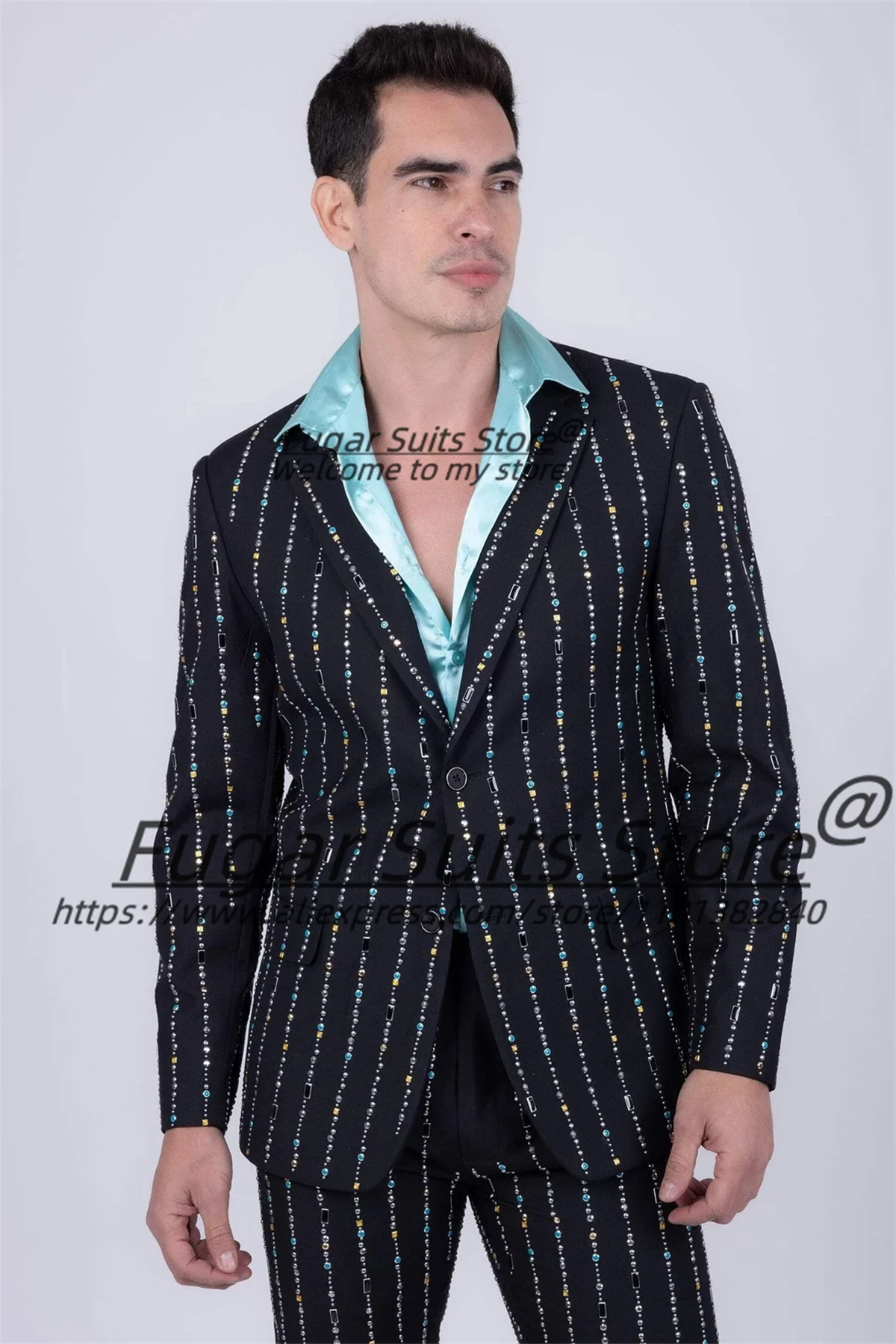 Luxuly Geometric Rhinestone Pattern Male Prom Blazers Customized Elegant Groom Wedding Tuxedos 2 Pieces Sets Fashion Ropa Hombre