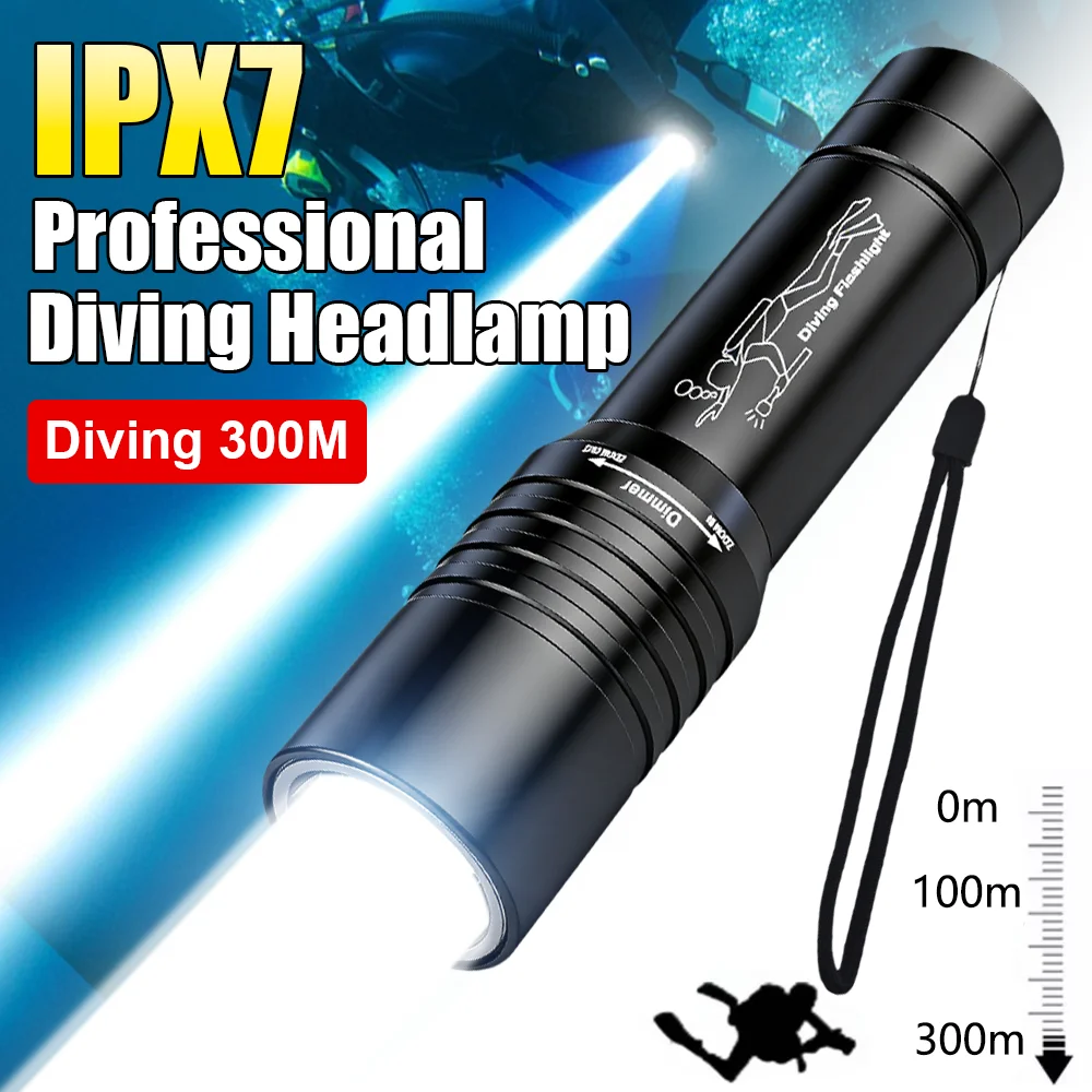 

Professional Diving Flashlight Waterproof Rechargeable LED Flashlight Tactical Underwater Lantern Torch Dive Cave Submersible