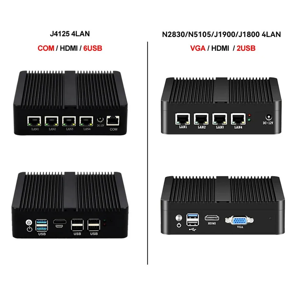 Firewall Router Pfsense Fanless Mini PC Celeron J1900 J4125 4 Core 4 LAN Gigabit Windows 10 Linux Openwrt Industrial  Server
