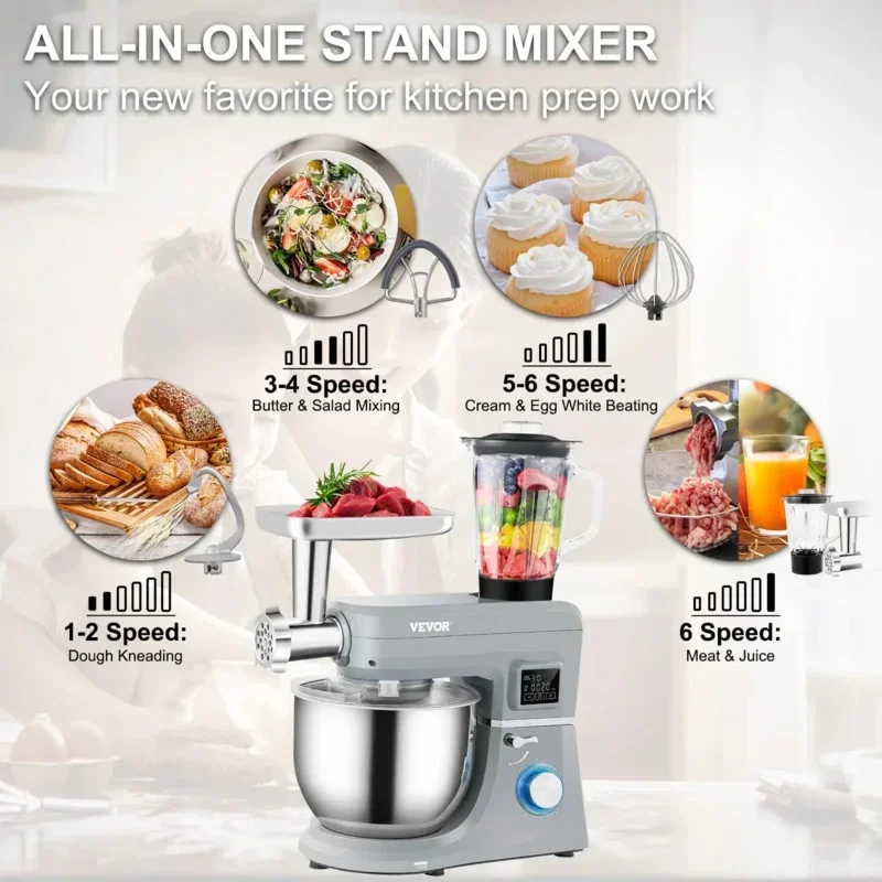 QWVEVOR 5 IN 1 Stand Mixer,660W Tilt-Head Multifunctional Electric Mixer with 6 Speeds LCD Screen Timing,7.4 Qt Stainless Bowl