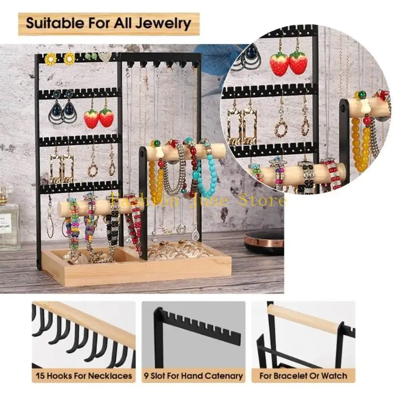 N5KA Tabletop Necklace Holder 4Tier Hanging Jewellery Stand with Tray Base Jewelry Stand Holder Earring Tower
