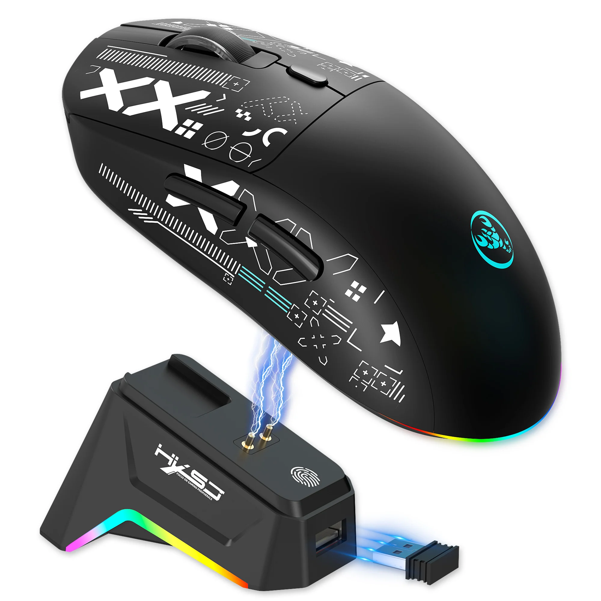 

HXSJ T90Pro RGB Backlit Wireless Gaming Mouse with Charging Base Triple Mode 1K Optical Ergonomic Mouse for Esports