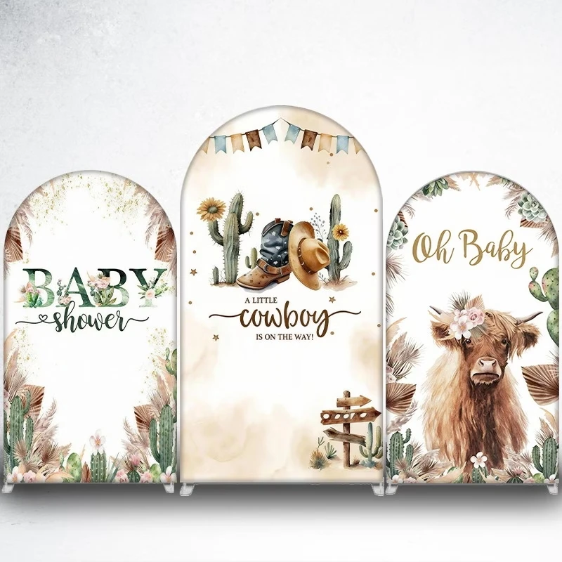 Custom 2-sided Western Little Cowboy Baby Shower Arch Background Cover Cactus Boho Boots Hat Boy Gender Reveal Party Backdrop